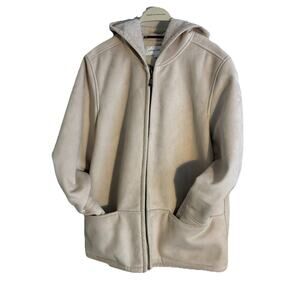 Jones New York Coat Jacket Women's Large Beige Faux Fur Suede Heavy Zipper Hood